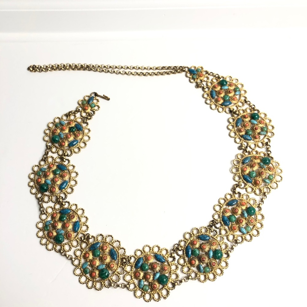 Kenneth Jay Lane KJL Cabochon Coral Turquoise Jade Glass Flower Chain Brass Belt